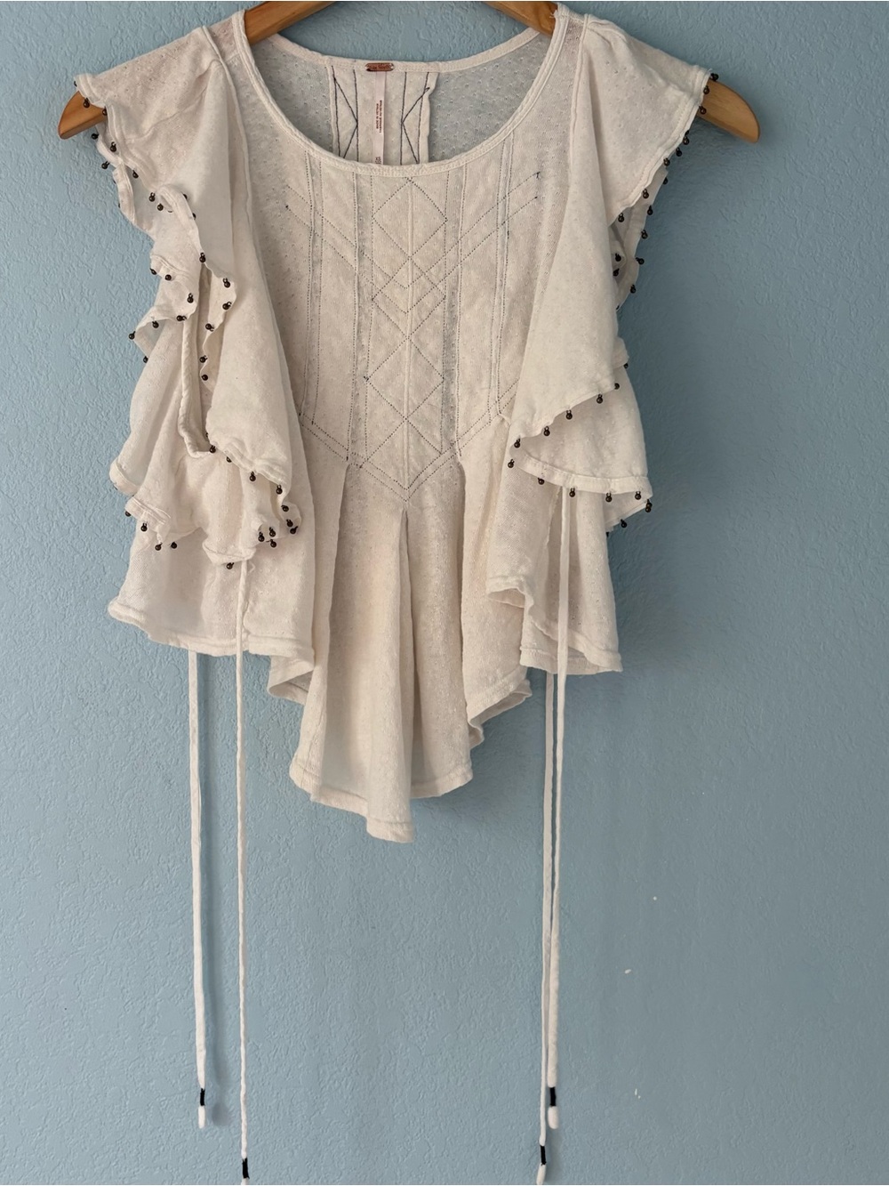 Free People Beaded Ruffle Linen Cotton Sleeveless Top Ties